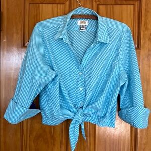 Talbots XL blue & white gingham check button-down shirt tie-front 100% Cotton